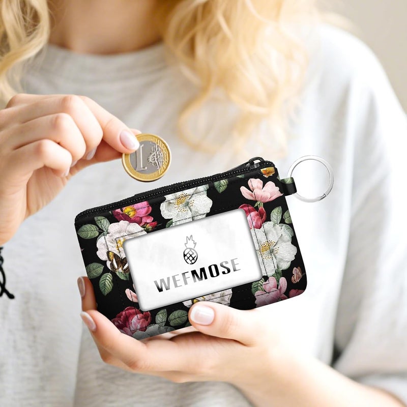 WEFMOSE Small Wallet Keychain with Clear ID Window Zipper Cute ID Case Coin Purse for Women Water Resistant Coin Pouch-Black Floral Keychain Wallet - Image 2